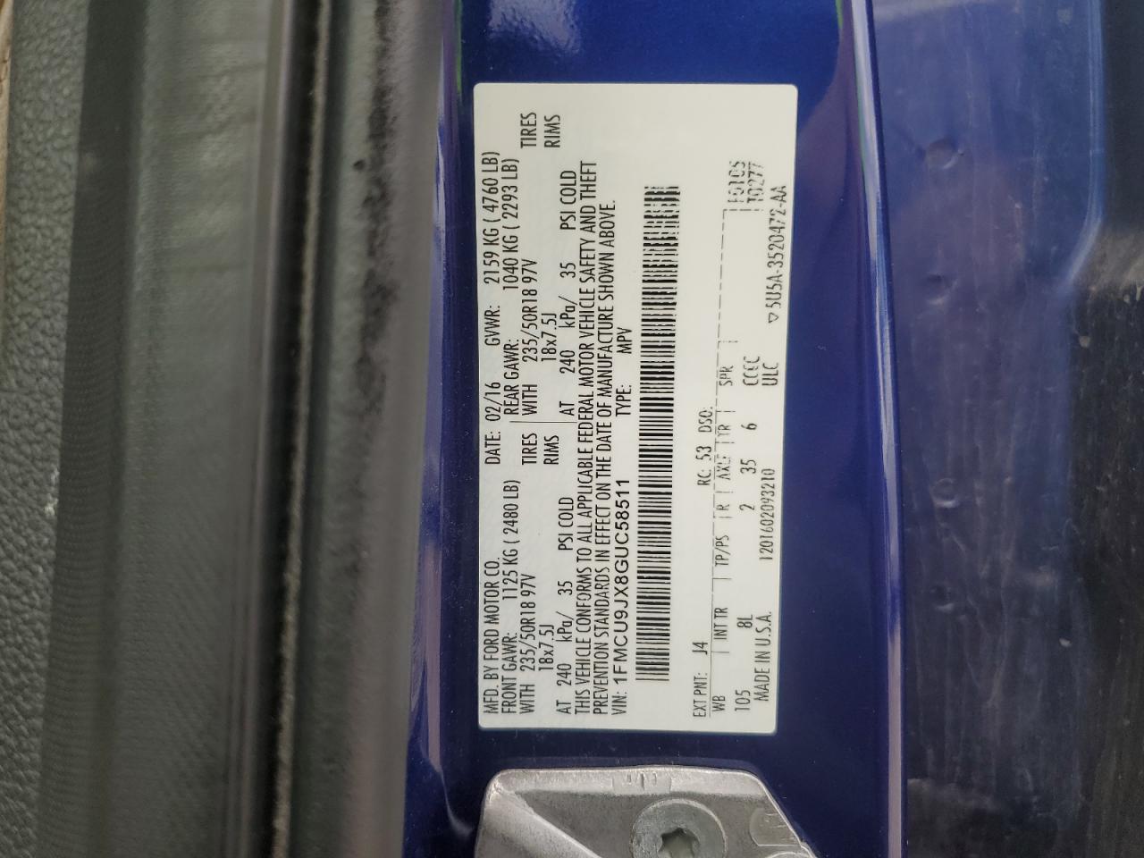 2016 Ford Escape Titanium VIN: 1FMCU9JX8GUC58511 Lot: 70579225