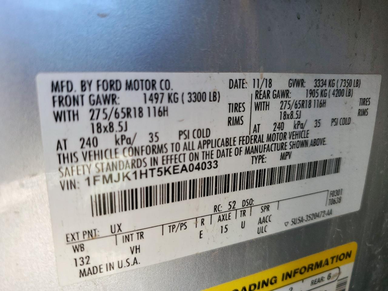 2019 Ford Expedition Max Xlt VIN: 1FMJK1HT5KEA04033 Lot: 80632005