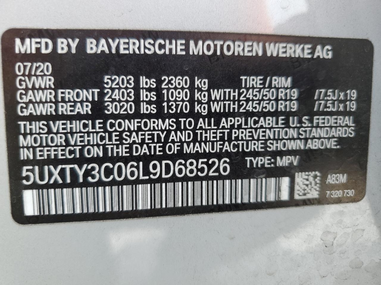 2020 BMW X3 Sdrive30I VIN: 5UXTY3C06L9D68526 Lot: 80203705