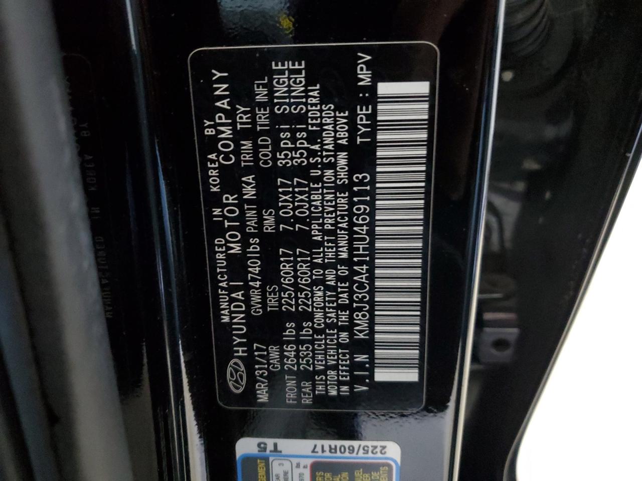 2017 Hyundai Tucson Limited VIN: KM8J3CA41HU469113 Lot: 81449795