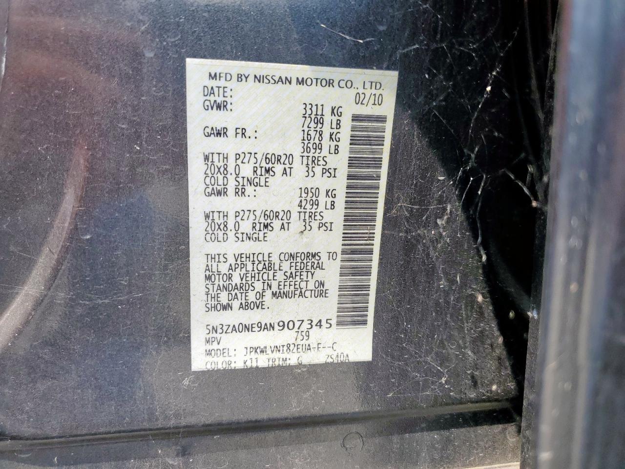 2010 Infiniti Qx56 VIN: 5N3ZA0NE9AN907345 Lot: 70850915