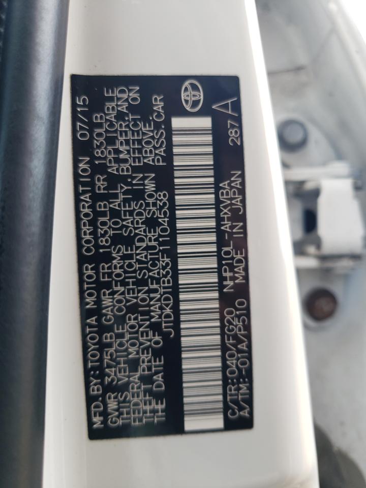 2015 Toyota Prius C VIN: JTDKDTB33F1104538 Lot: 82100925