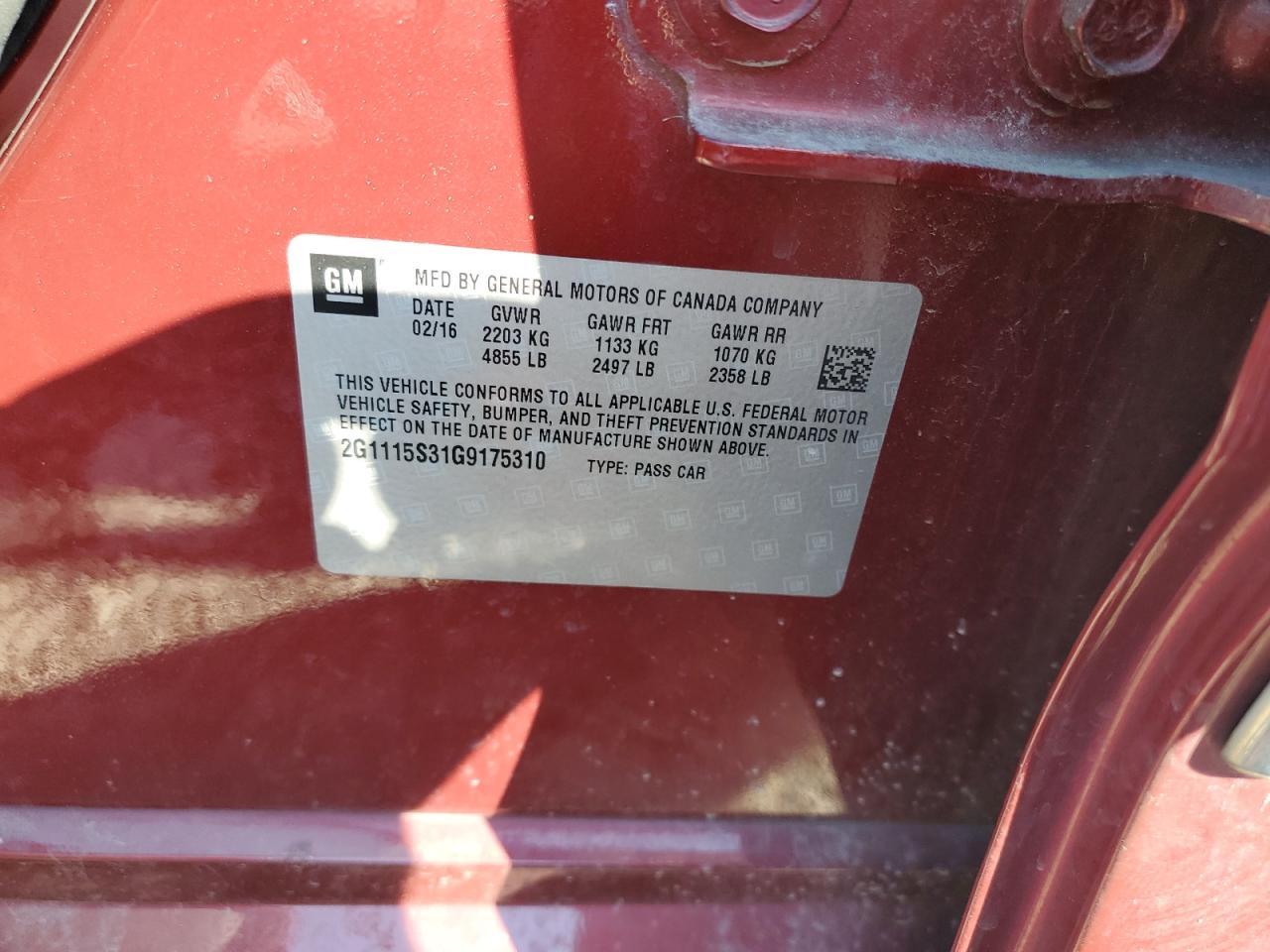 2016 Chevrolet Impala Lt VIN: 2G1115S31G9175310 Lot: 84366145