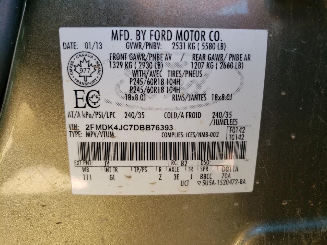 2013 Ford Edge Sel VIN: 2FMDK4JC7DBB76393 Lot: 80142355