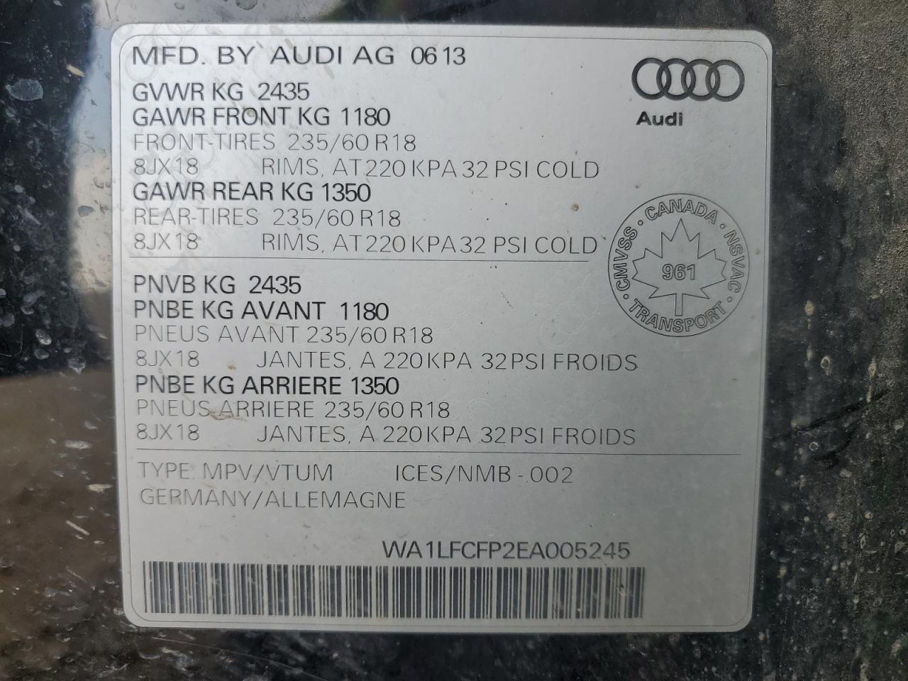 2014 Audi Q5 Premium Plus VIN: WA1LFCFP2EA005245 Lot: 80747175