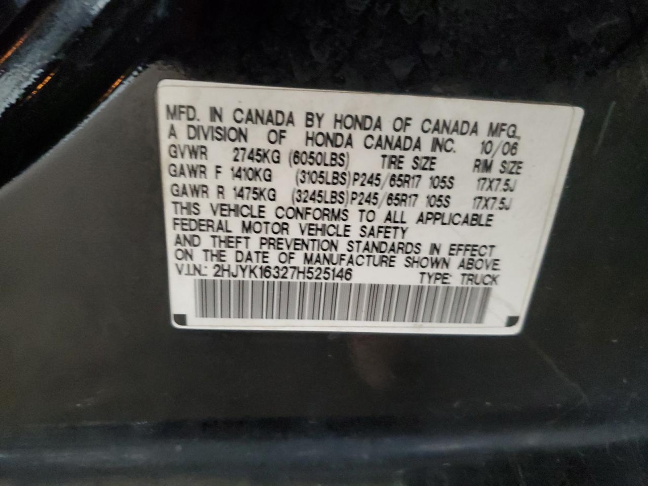 2007 Honda Ridgeline Rtx VIN: 2HJYK16327H525146 Lot: 81791335