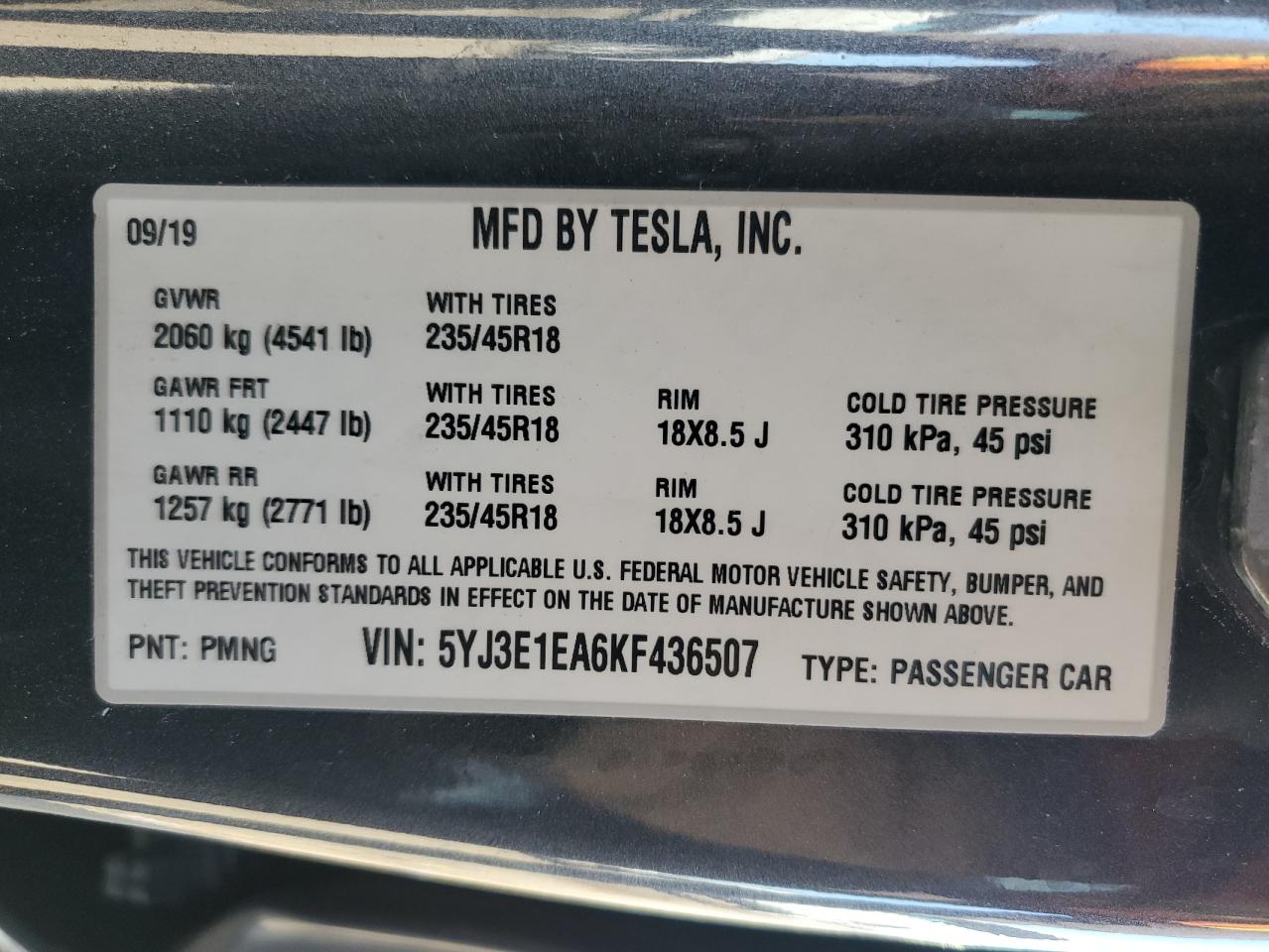 2019 Tesla Model 3 VIN: 5YJ3E1EA6KF436507 Lot: 71094215