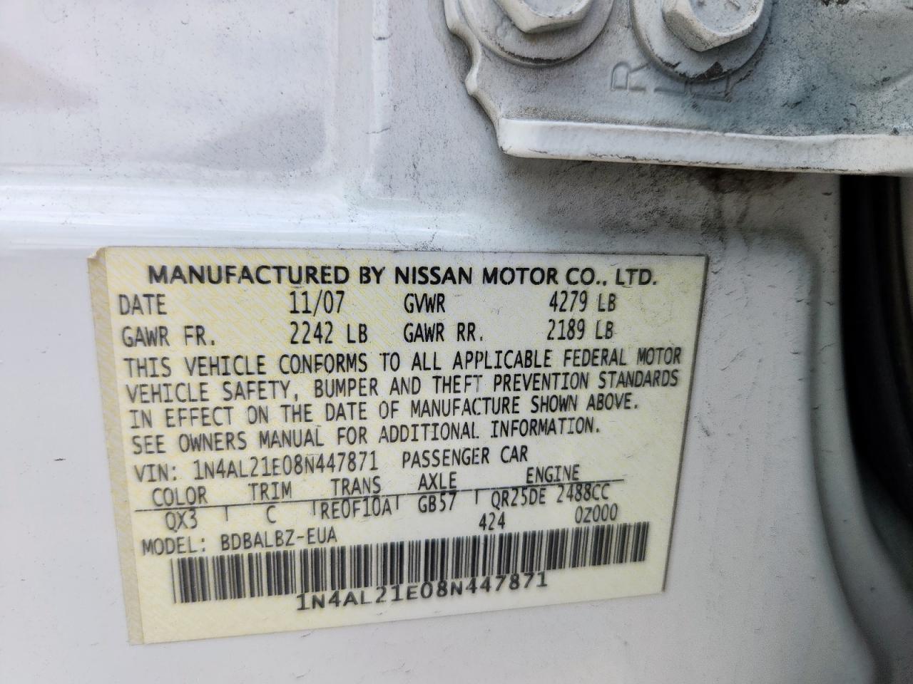 2008 Nissan Altima 2.5 VIN: 1N4AL21E08N447871 Lot: 71074585