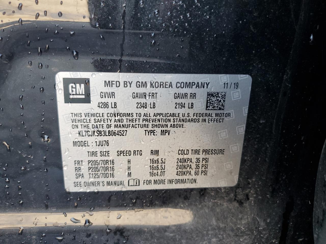 2020 Chevrolet Trax Ls VIN: KL7CJKSB3LB064527 Lot: 81250545