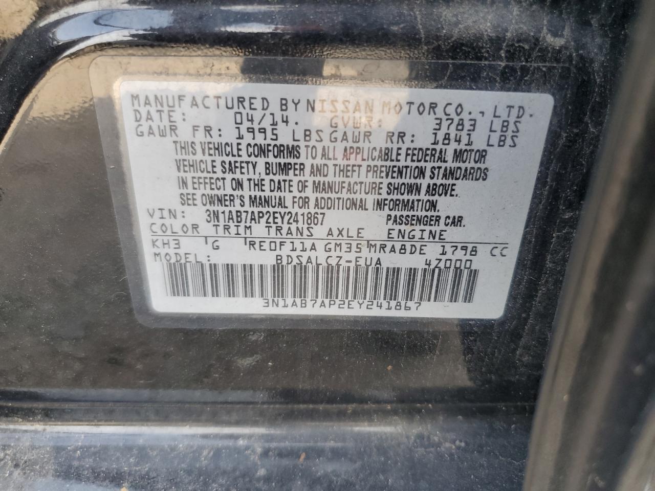 2014 Nissan Sentra S VIN: 3N1AB7AP2EY241867 Lot: 82104785