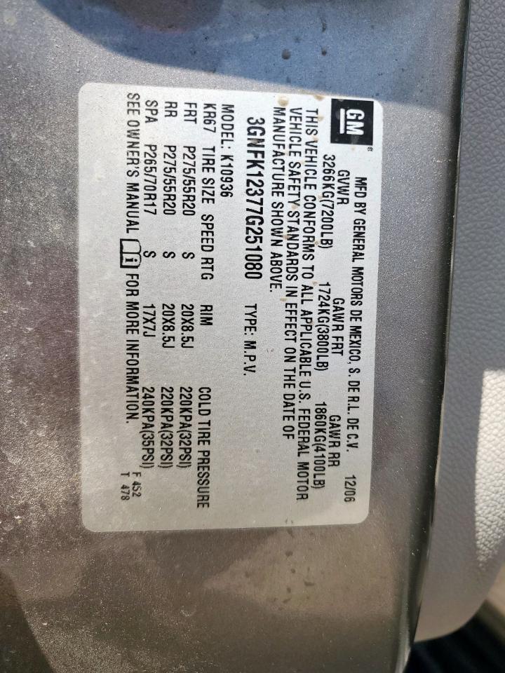 2007 Chevrolet Avalanche K1500 VIN: 3GNFK12377G251080 Lot: 81307385