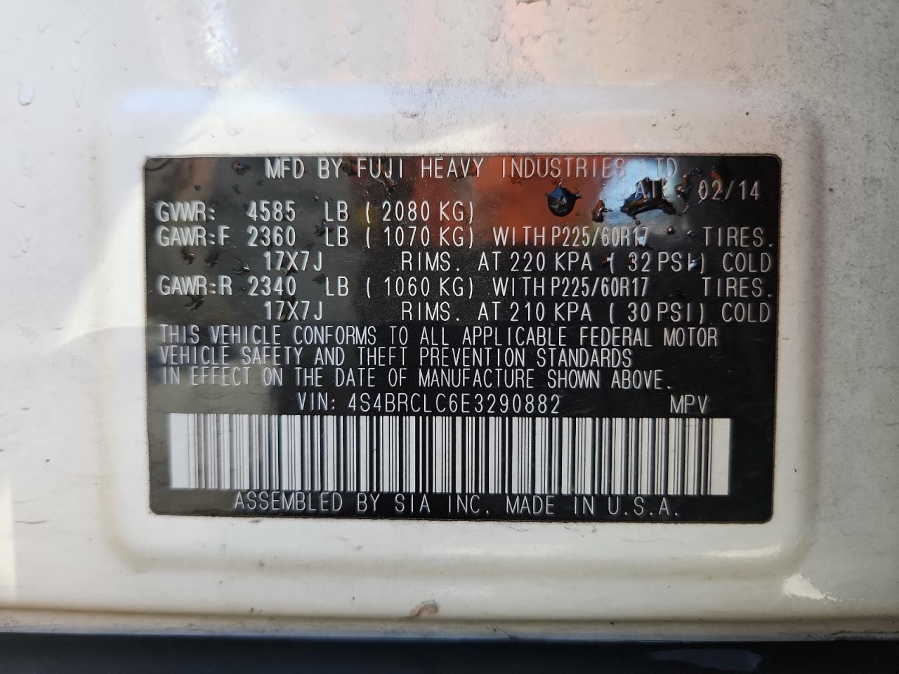 2014 Subaru Outback 2.5I Limited VIN: 4S4BRCLC6E3290882 Lot: 81485195