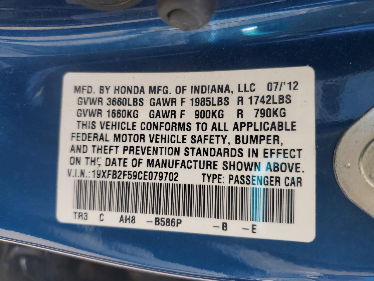 2012 Honda Civic Lx VIN: 19XFB2F59CE079702 Lot: 84238275