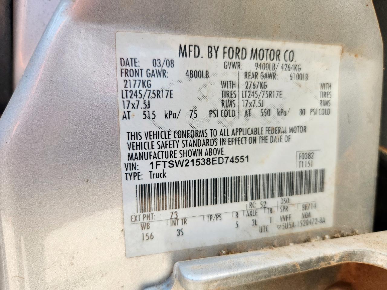 2008 Ford F250 Super Duty VIN: 1FTSW21538ED74551 Lot: 71264755