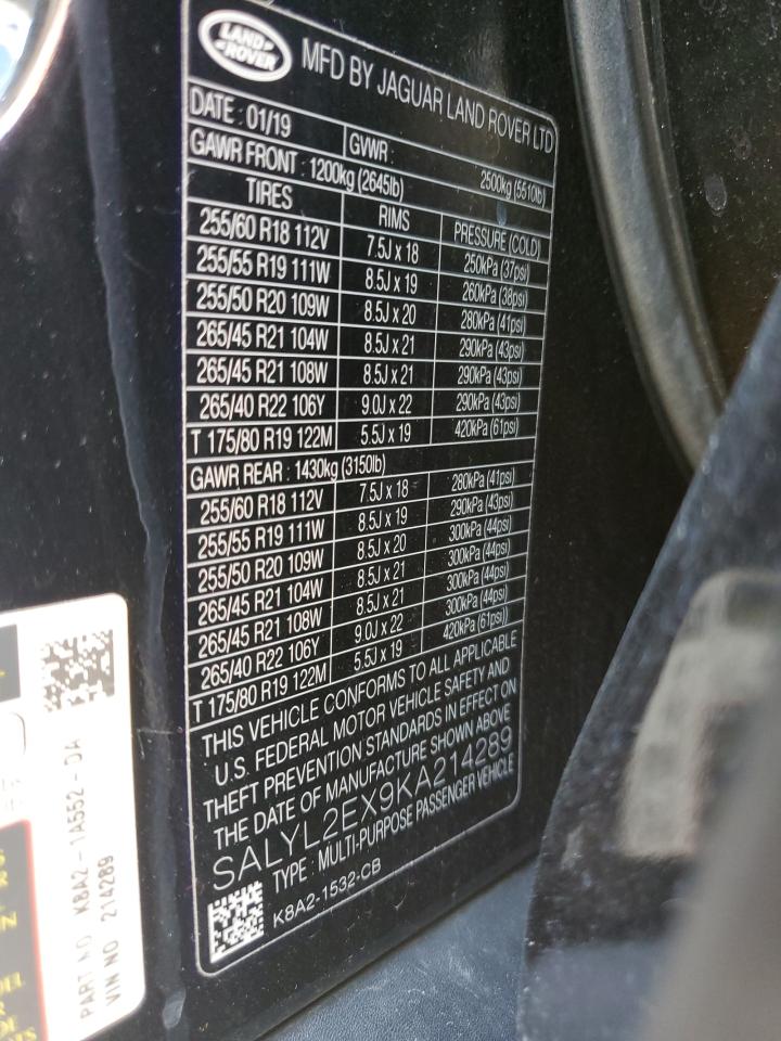 2019 Land Rover Range Rover Velar R-Dynamic Se VIN: SALYL2EX9KA214289 Lot: 81284375