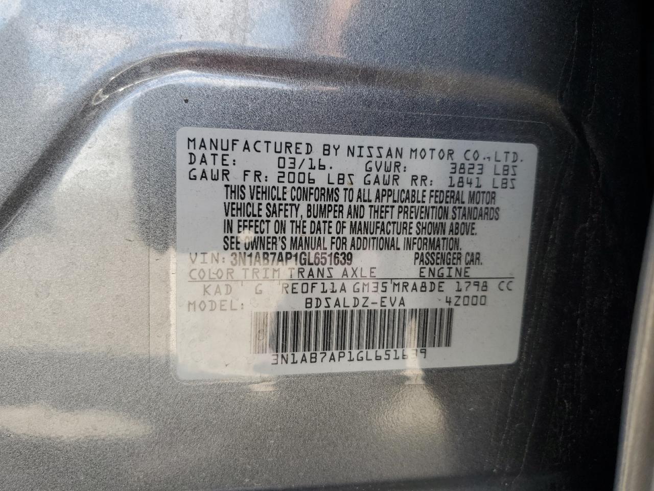 2016 Nissan Sentra S VIN: 3N1AB7AP1GL651639 Lot: 82151745