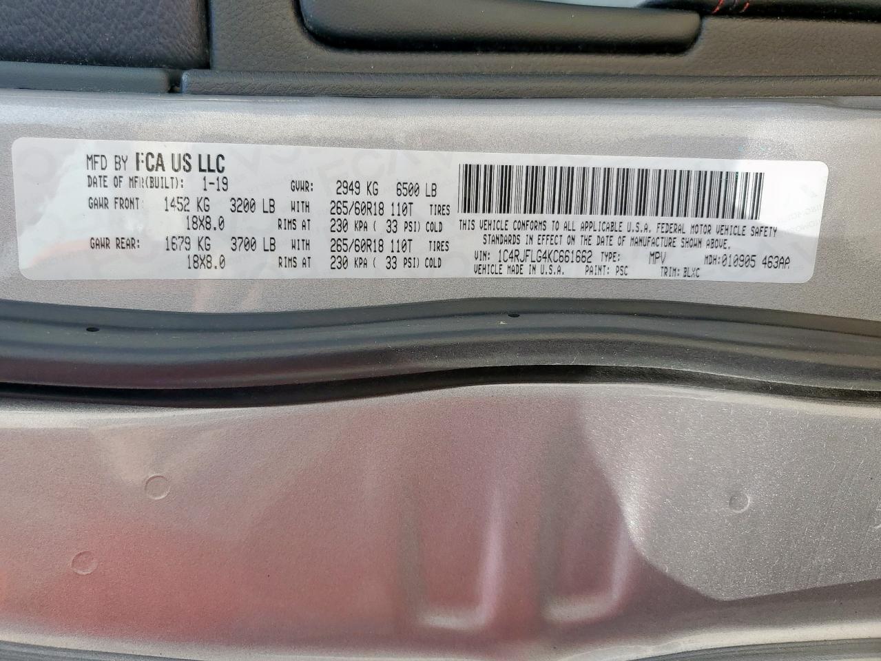 2019 Jeep Grand Cherokee Trailhawk VIN: 1C4RJFLG4KC661662 Lot: 71248725