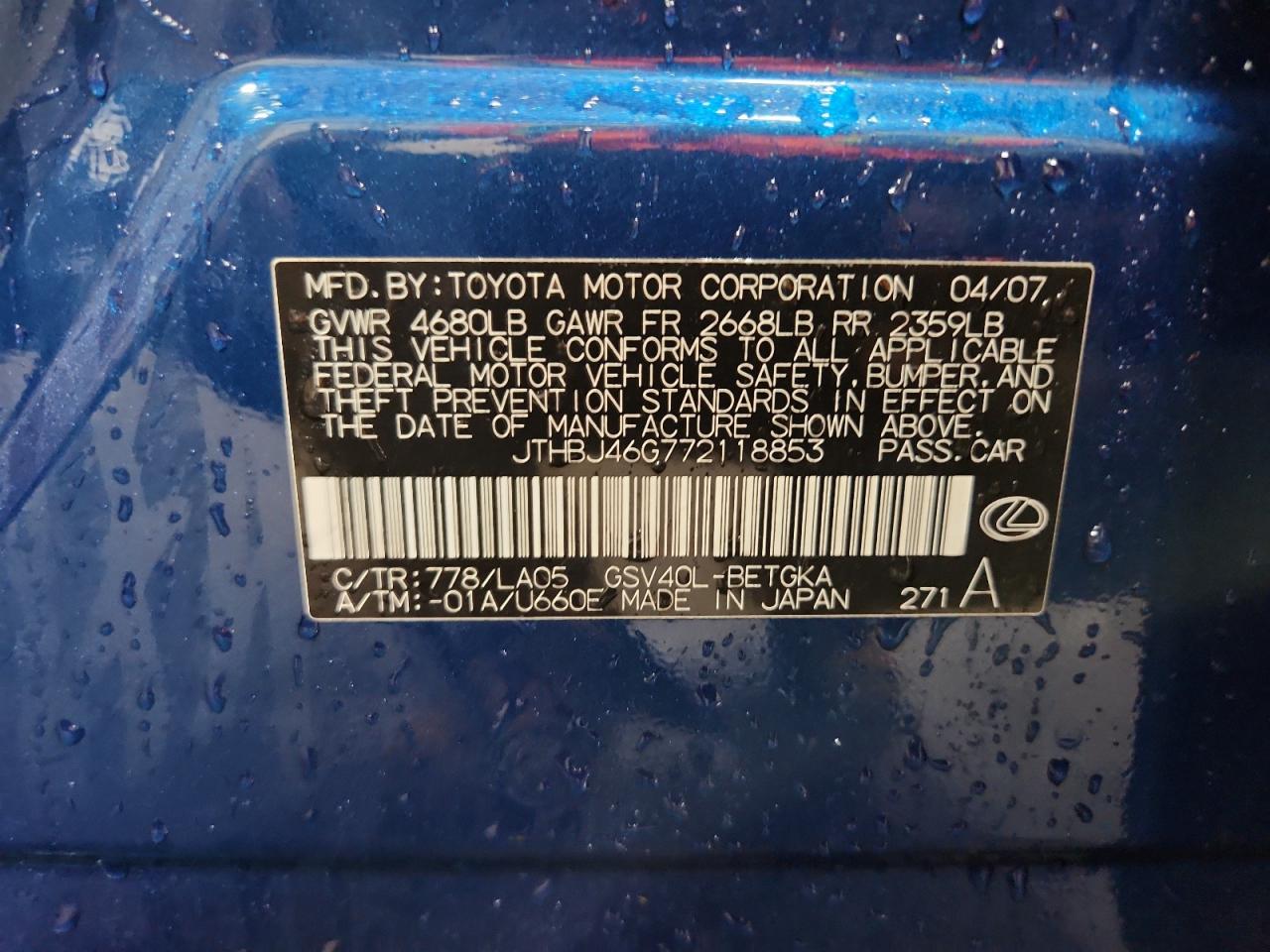 2007 Lexus Es 350 VIN: JTHBJ46G772118853 Lot: 82117865