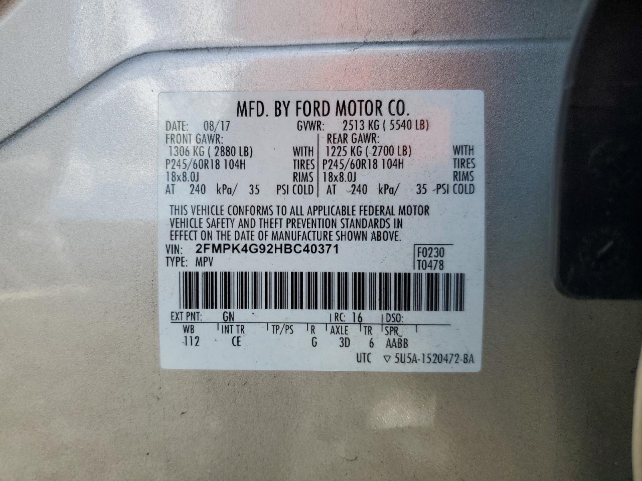 2017 Ford Edge Se VIN: 2FMPK4G92HBC40371 Lot: 81610105