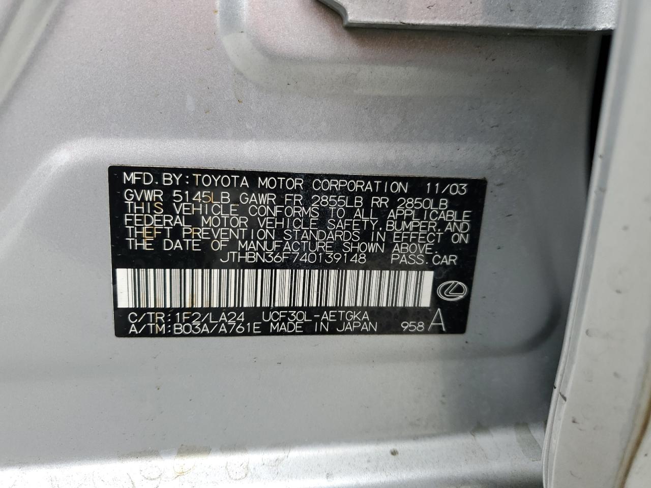 2004 Lexus Ls 430 VIN: JTHBN36F740139148 Lot: 71845115