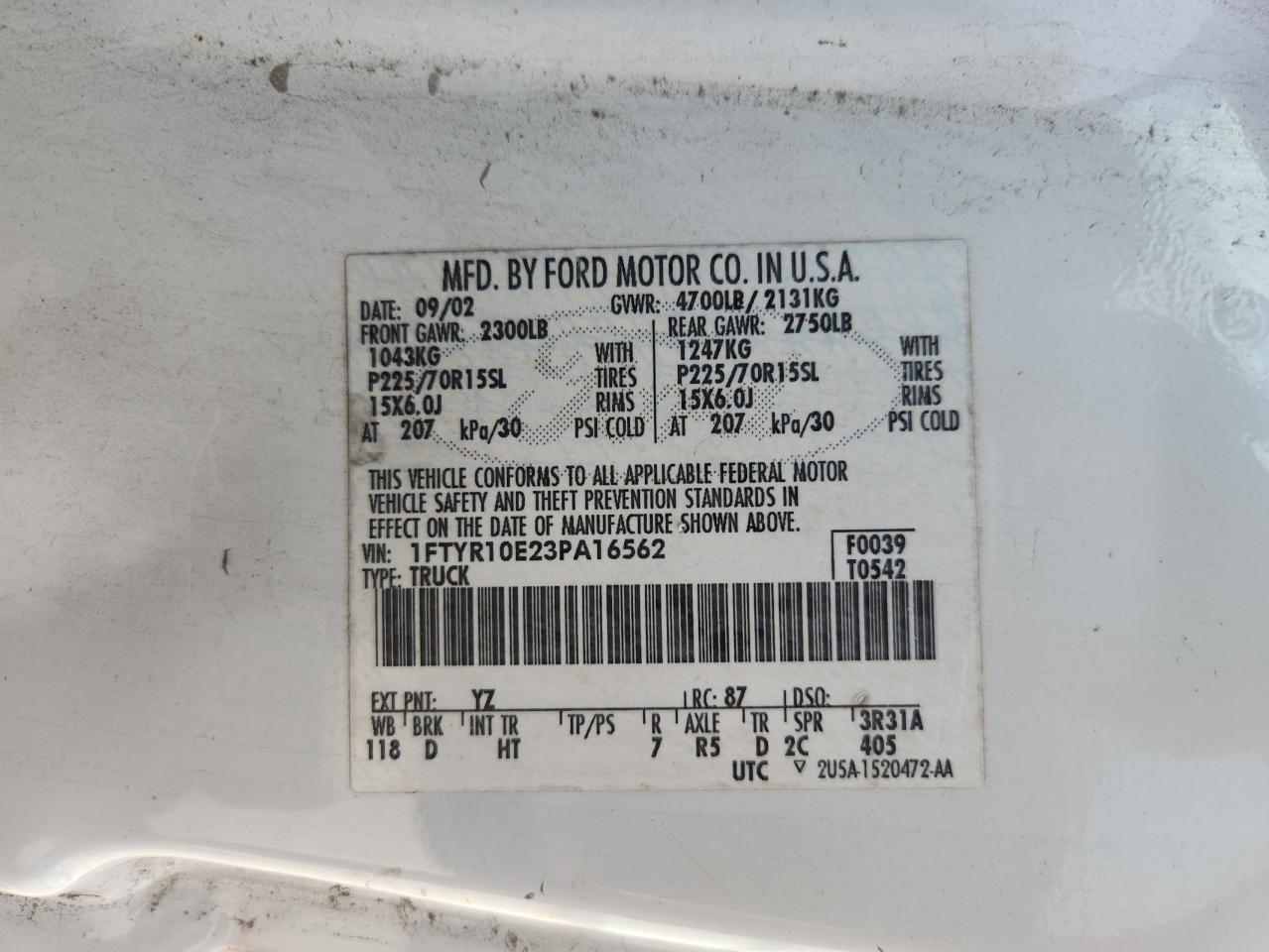 2003 Ford Ranger VIN: 1FTYR10E23PA16562 Lot: 80197625