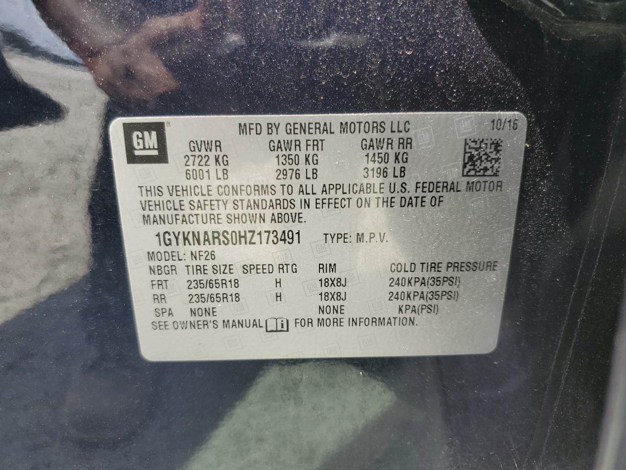 2017 Cadillac Xt5 VIN: 1GYKNARS0HZ173491 Lot: 70737875