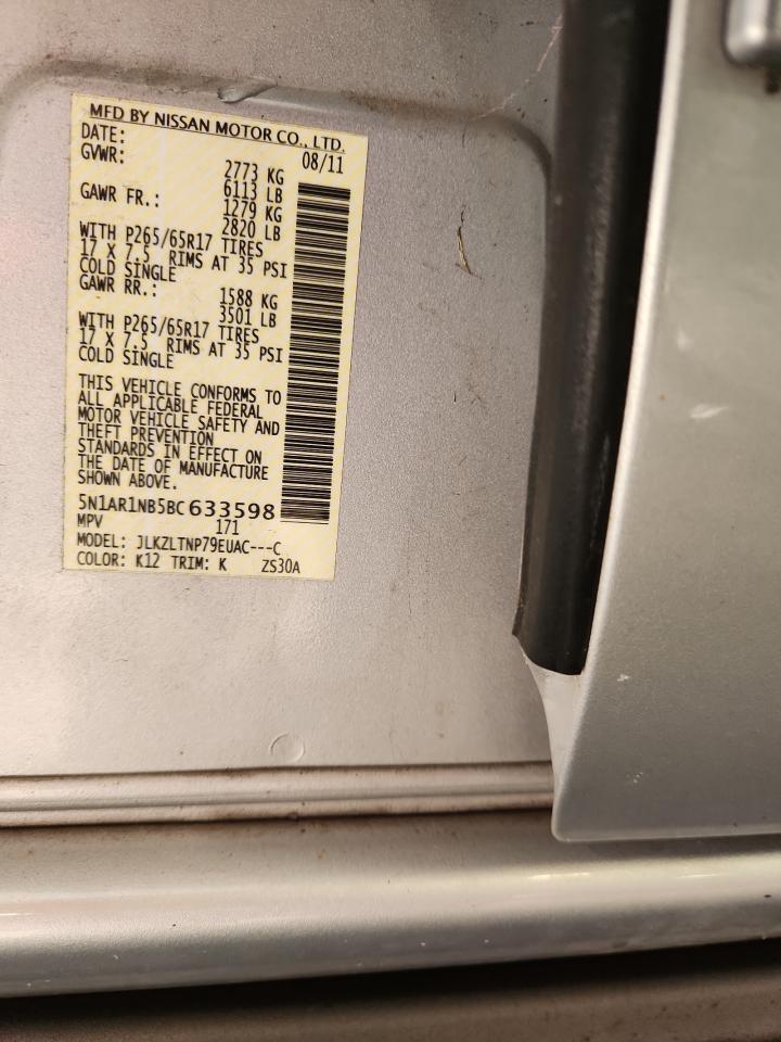 2011 Nissan Pathfinder S VIN: 5N1AR1NB5BC633598 Lot: 72063215