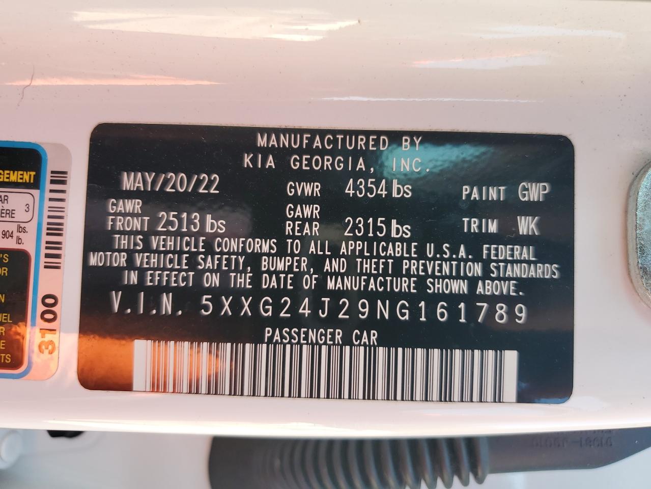 2022 Kia K5 Lx VIN: 5XXG24J29NG161789 Lot: 80328185