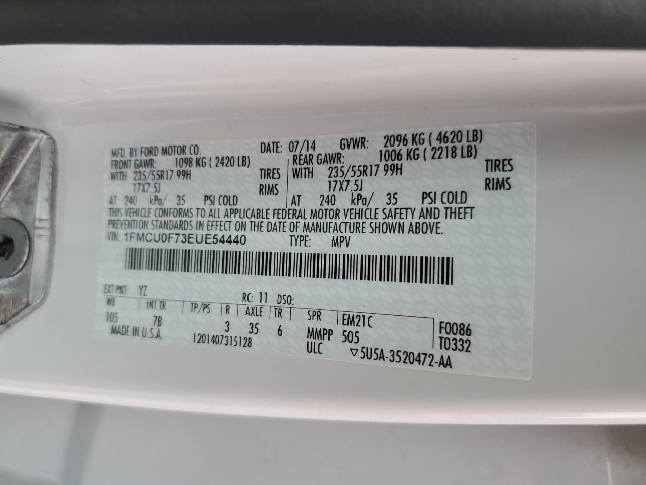 2014 Ford Escape S VIN: 1FMCU0F73EUE54440 Lot: 81010395