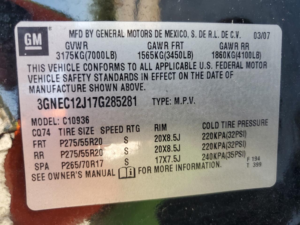 2007 Chevrolet Avalanche C1500 VIN: 3GNEC12J17G285281 Lot: 80958455