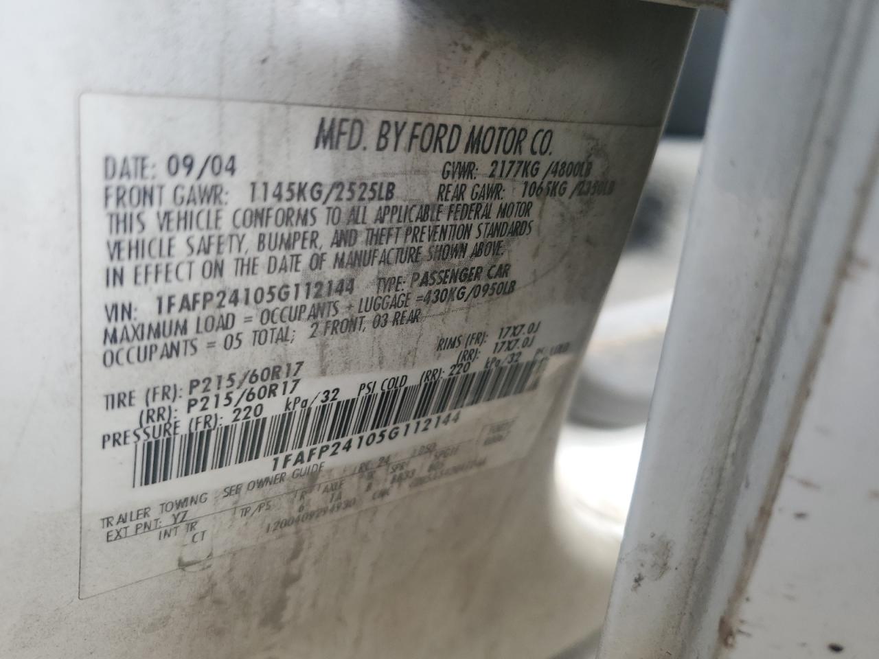 2005 Ford Five Hundred Sel VIN: 1FAFP24105G112144 Lot: 80314615