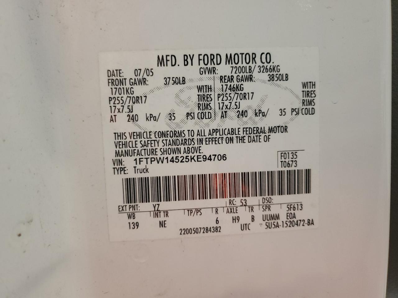 2005 Ford F150 Supercrew VIN: 1FTPW14525KE94706 Lot: 71874075