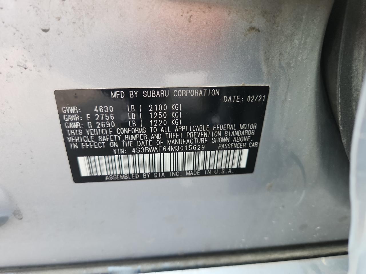 2021 Subaru Legacy Premium VIN: 4S3BWAF64M3015629 Lot: 71317175