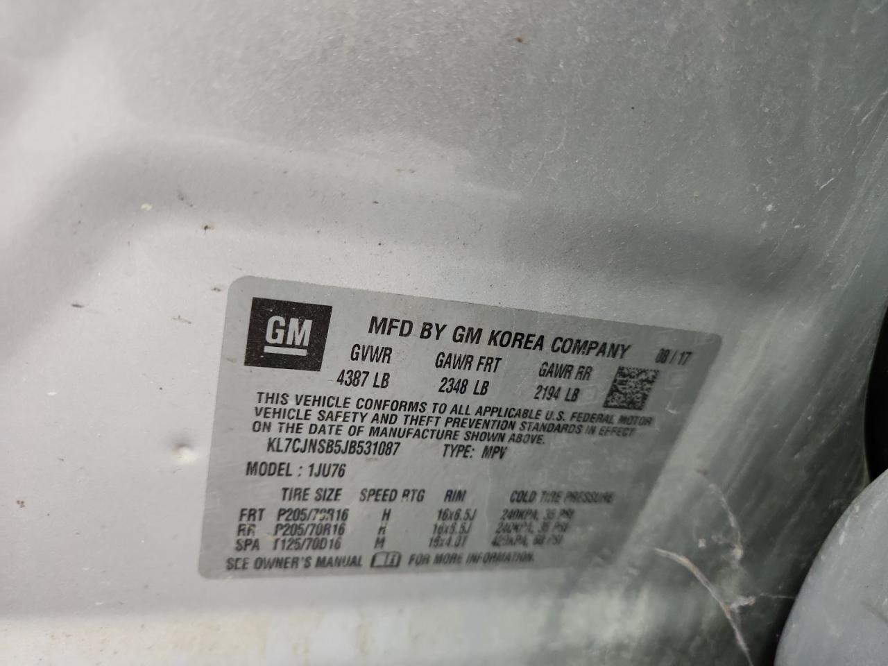 2018 Chevrolet Trax Ls VIN: KL7CJNSB5JB531087 Lot: 81261725