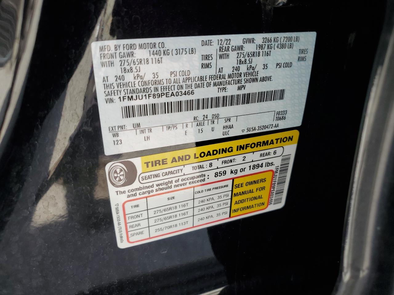 2023 Ford Expedition Xl VIN: 1FMJU1F89PEA03466 Lot: 85912215