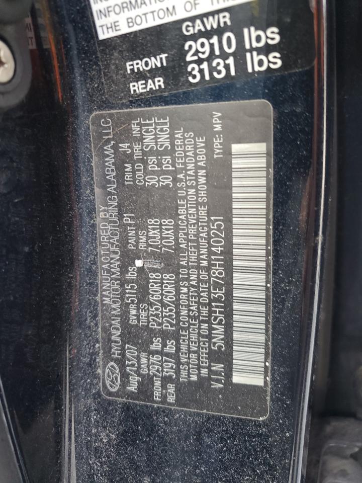 2008 Hyundai Santa Fe Se VIN: 5NMSH13E78H140251 Lot: 84187555