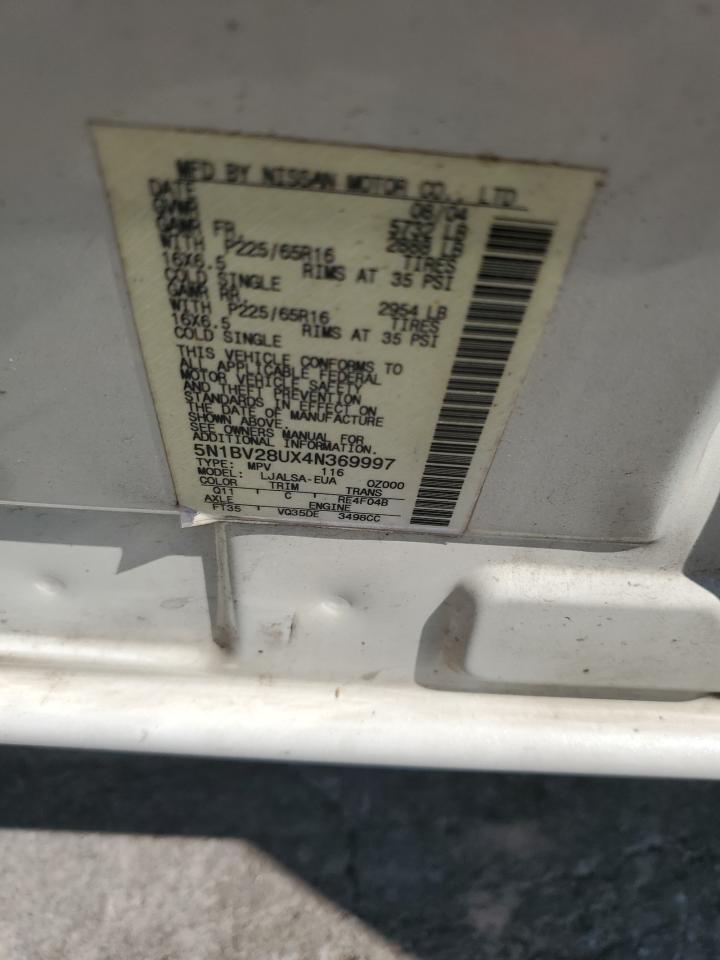 2004 Nissan Quest S VIN: 5N1BV28UX4N369997 Lot: 80342035