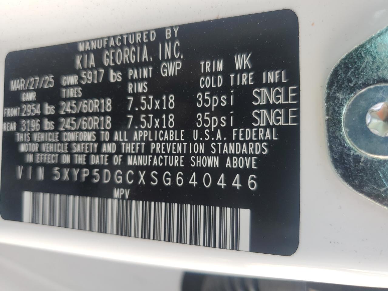 2025 Kia Telluride Sx VIN: 5XYP5DGCXSG640446 Lot: 81039835