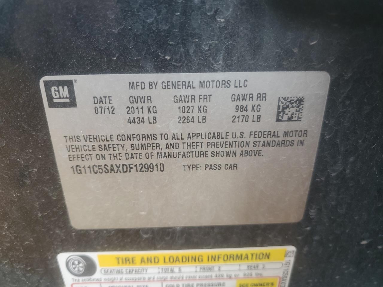 2013 Chevrolet Malibu 1Lt VIN: 1G11C5SAXDF129910 Lot: 71915295