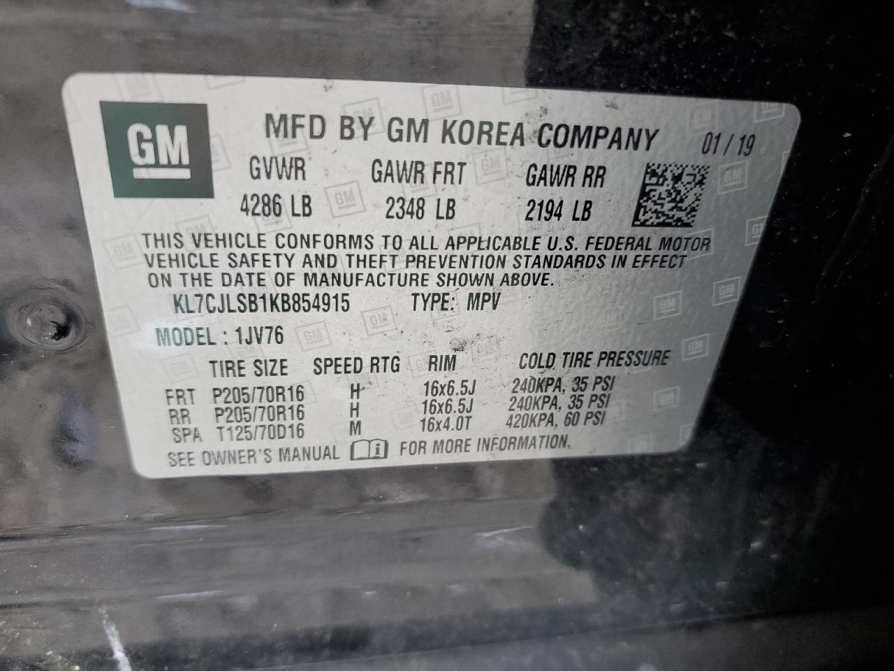 2019 Chevrolet Trax 1Lt VIN: KL7CJLSB1KB854915 Lot: 81023985