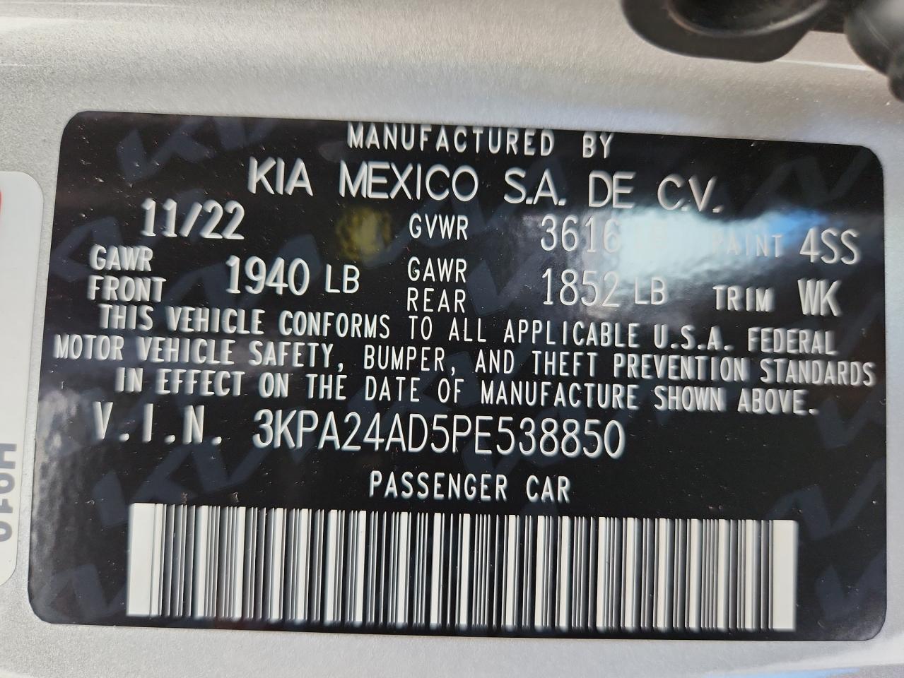 2023 Kia Rio Lx VIN: 3KPA24AD5PE538850 Lot: 80388925