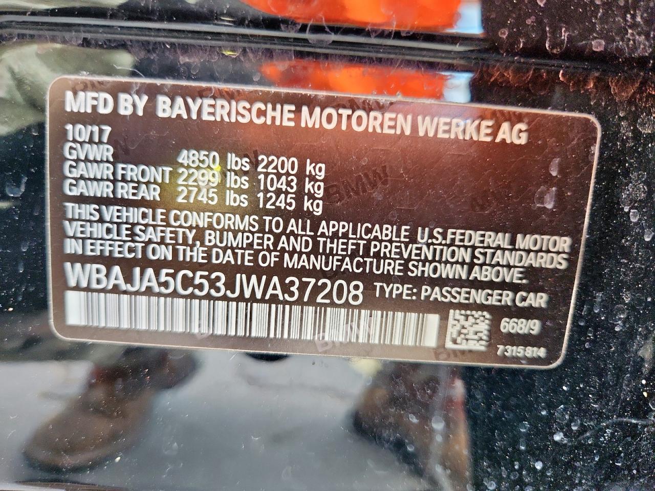 2018 BMW 530 I VIN: WBAJA5C53JWA37208 Lot: 83830765