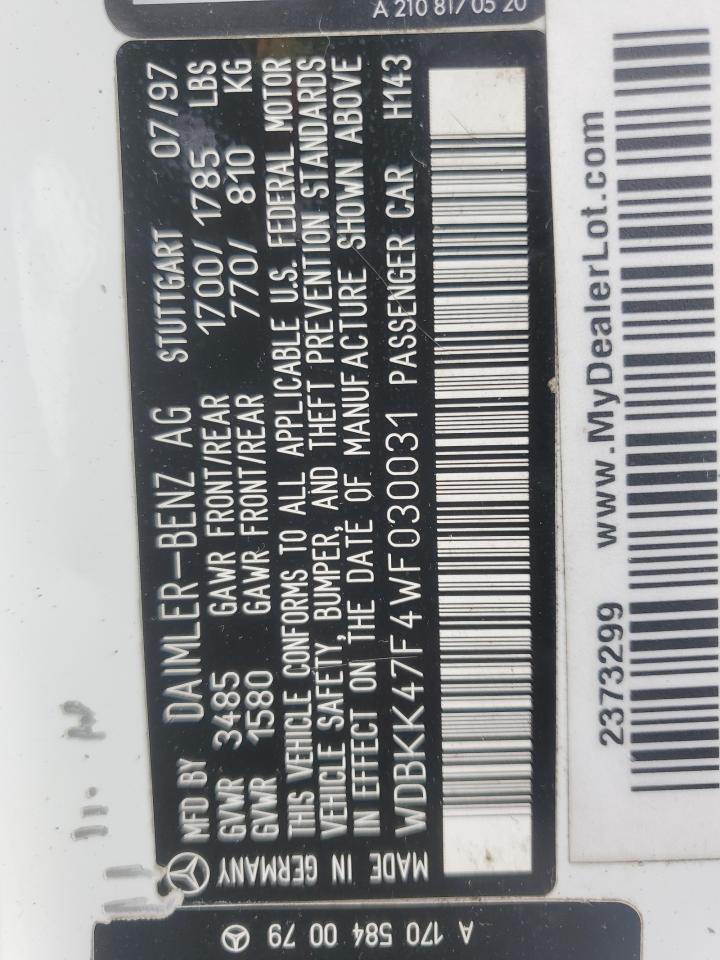 1998 Mercedes-Benz Slk 230 Kompressor VIN: WDBKK47F4WF030031 Lot: 84716915