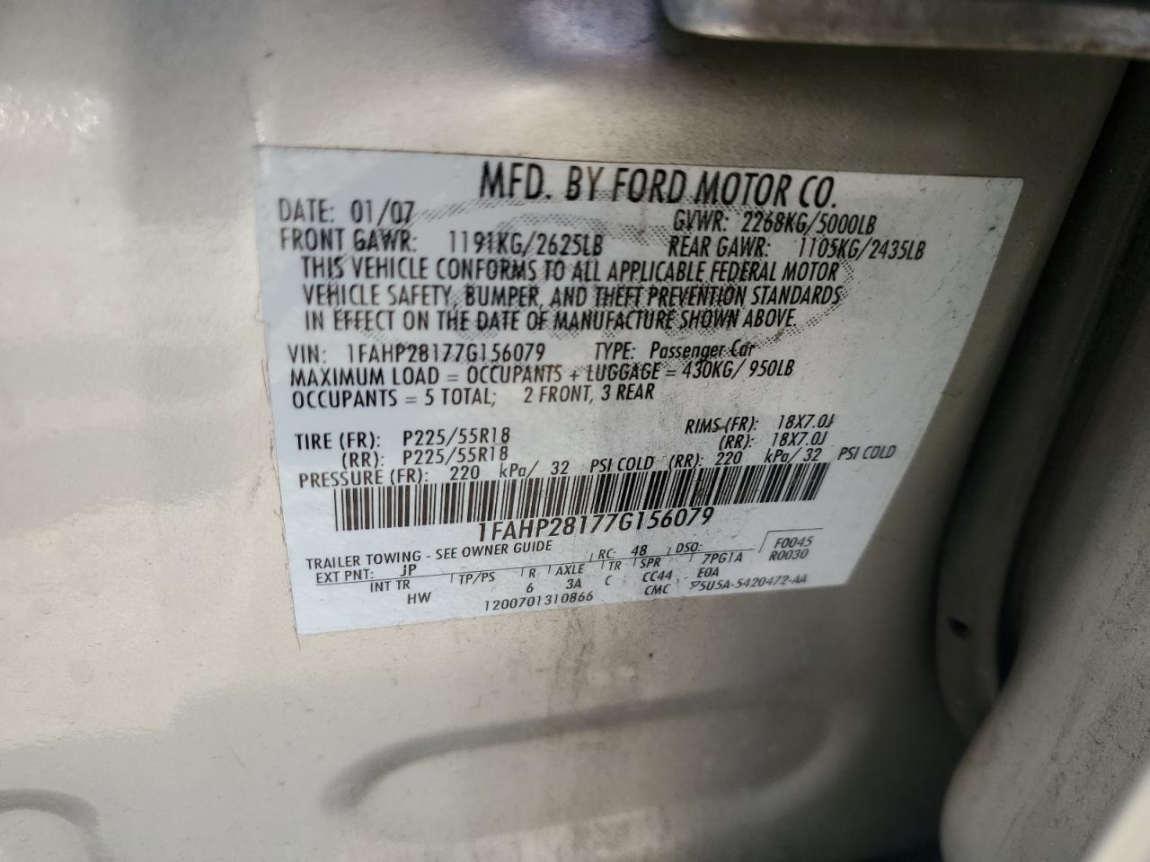 2007 Ford Five Hundred Limited VIN: 1FAHP28177G156079 Lot: 71179825