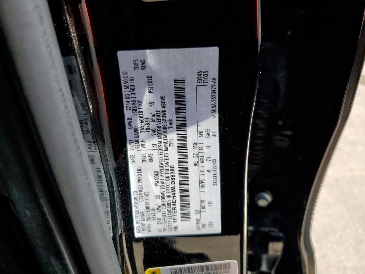 2021 Ford Ranger Xl VIN: 1FTER4EH4MLD88386 Lot: 72034125