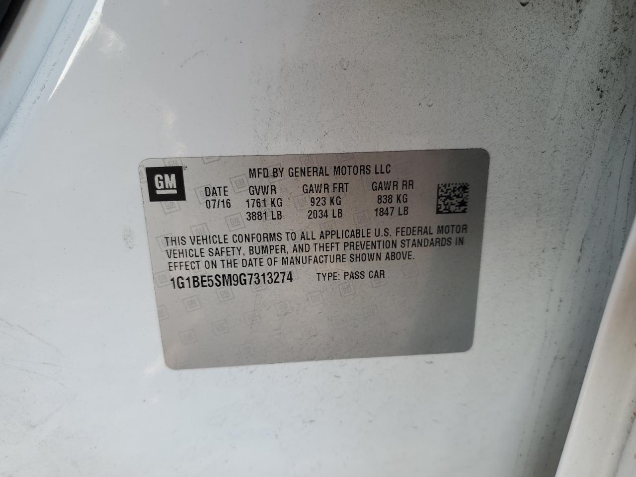 2016 Chevrolet Cruze Lt VIN: 1G1BE5SM9G7313274 Lot: 81065505