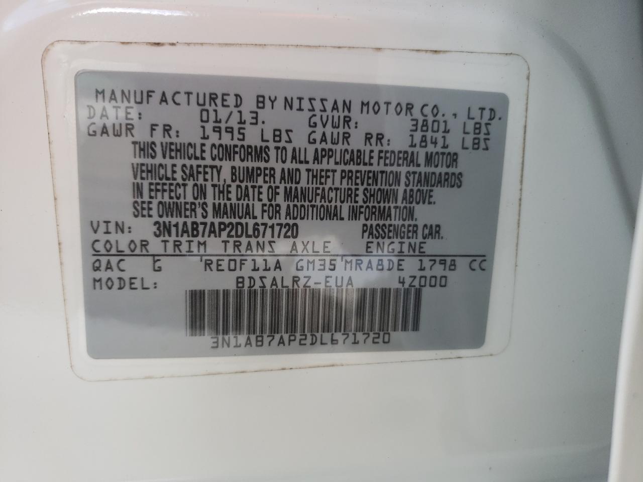 2013 Nissan Sentra S VIN: 3N1AB7AP2DL671720 Lot: 84554615