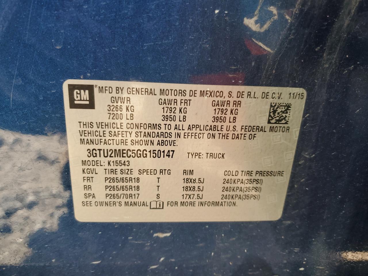 2016 GMC Sierra K1500 Sle VIN: 3GTU2MEC5GG150147 Lot: 81919965