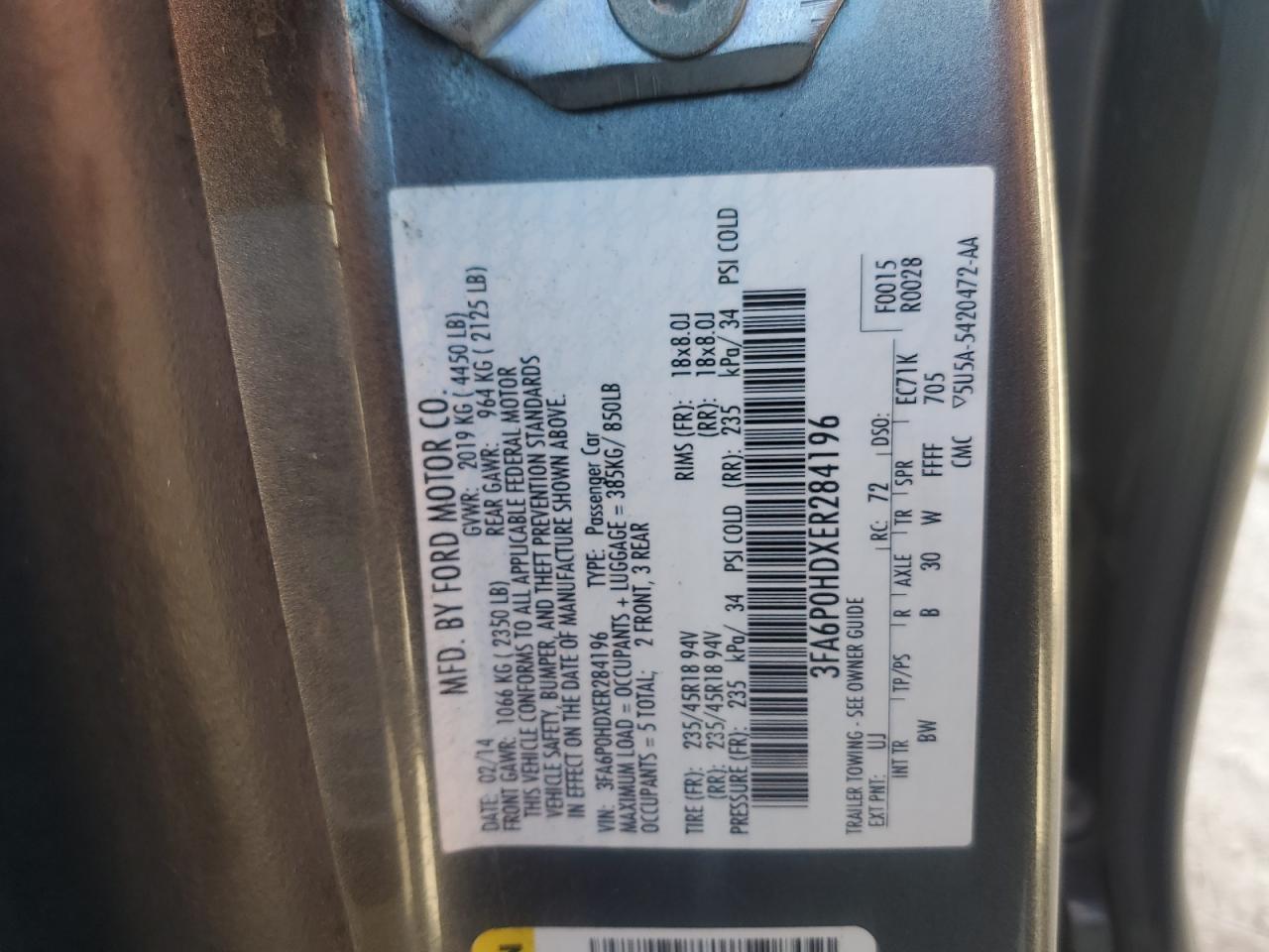 2014 Ford Fusion Se VIN: 3FA6P0HDXER284196 Lot: 81890485