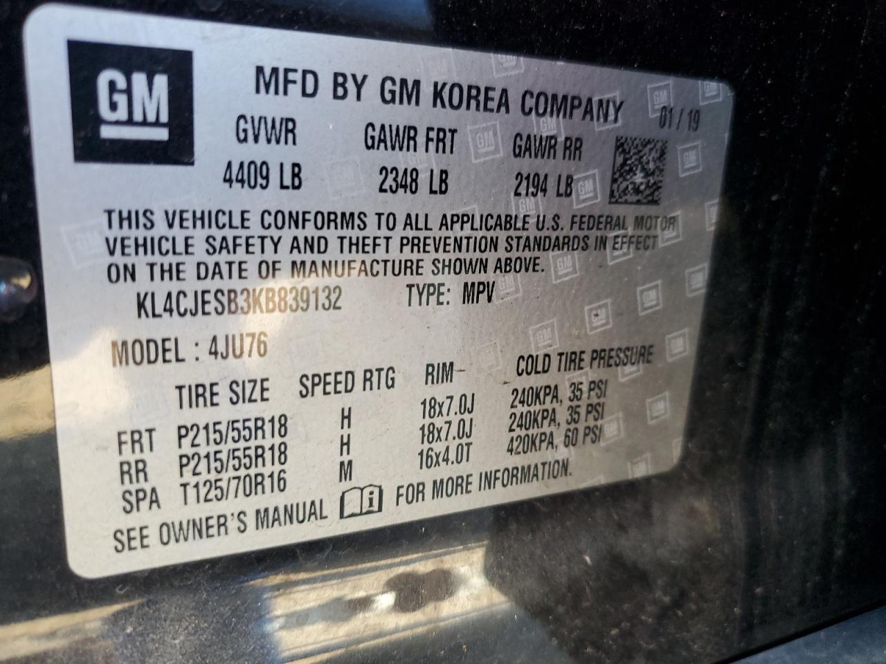 2019 Buick Encore Preferred VIN: KL4CJESB3KB839132 Lot: 81588385